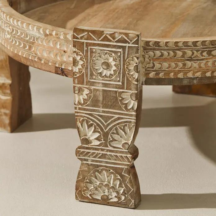 Tree Stripes Maala Hand Carved Chakki Accent Coffee Table (Whitewash) - Large Deals499