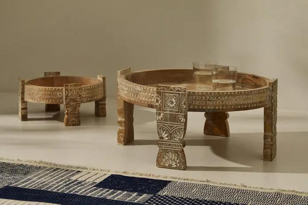 Tree Stripes Maala Hand Carved Chakki Accent Coffee Table (Whitewash) - Large Deals499