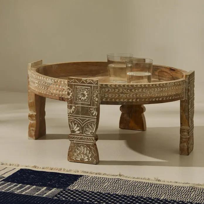 Tree Stripes Maala Hand Carved Chakki Accent Coffee Table (Whitewash) - Small Deals499