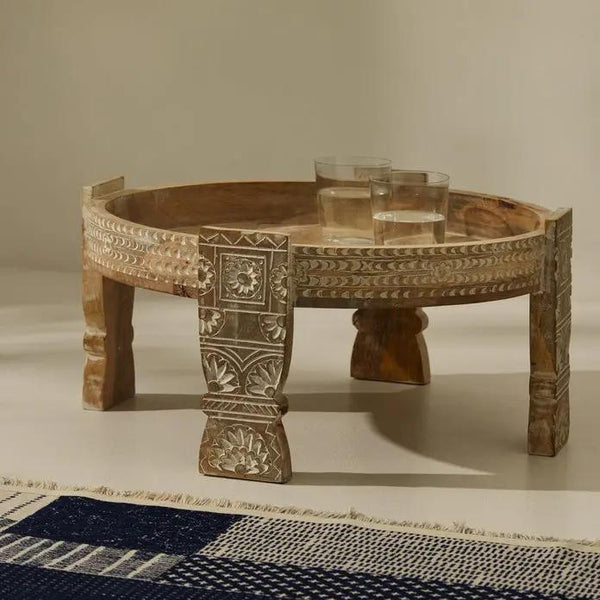 Tree Stripes Maala Hand Carved Chakki Accent Coffee Table (Whitewash) - Small Deals499