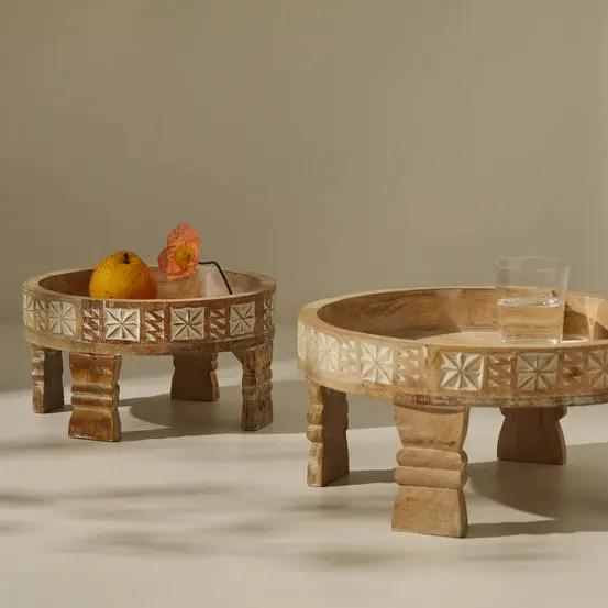 Tree Stripes Tara Hand Carved Chakki Accent Coffee Table (Whitewash) - Small Deals499