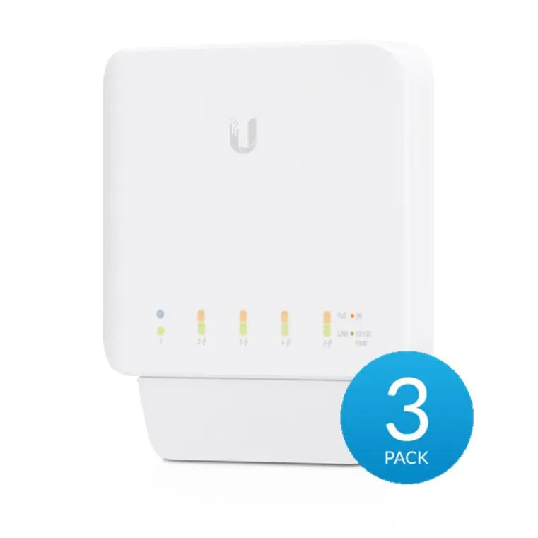UBIQUITI USW Flex 3 Pack- Managed, Layer 2 Gigabit switch with auto-sensing 802.3af PoE support. 1x PoE In, 4x PoE Out UBIQUITI