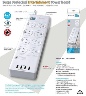 GENERIC 8 Outlets & 4 USB Outlets Surge Protected Powerboard (PAD-4088H) GENERIC