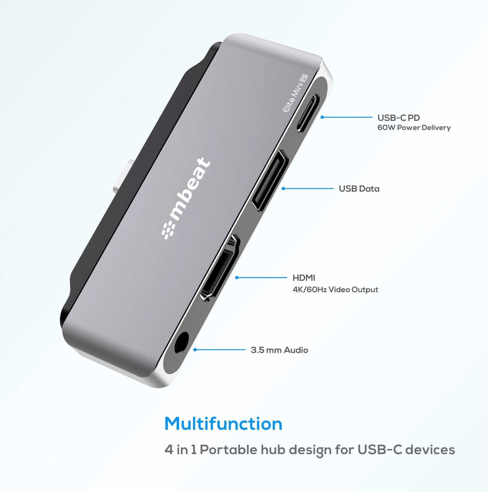MBEAT  Elite Mini 4-In-1 USB-C Mobile Hub for iPad Pro, USB-C Tablet & Laptop/Notebook MBEAT