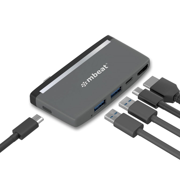 MBEAT Â EssentialÂ ProÂ  5-IN-1 USB- C Hub ( 4k HDMI Video, USB-C PD Pass Through Charging, USB 3.0 x 2, USB-C x 1) MBEAT