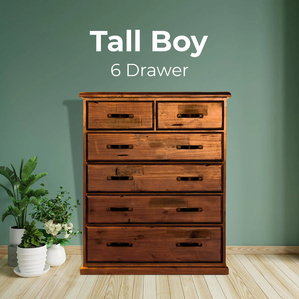 Umber Tallboy 6 Chest of Drawers Solid Pine Wood Storage Cabinet - Dark Brown Deals499