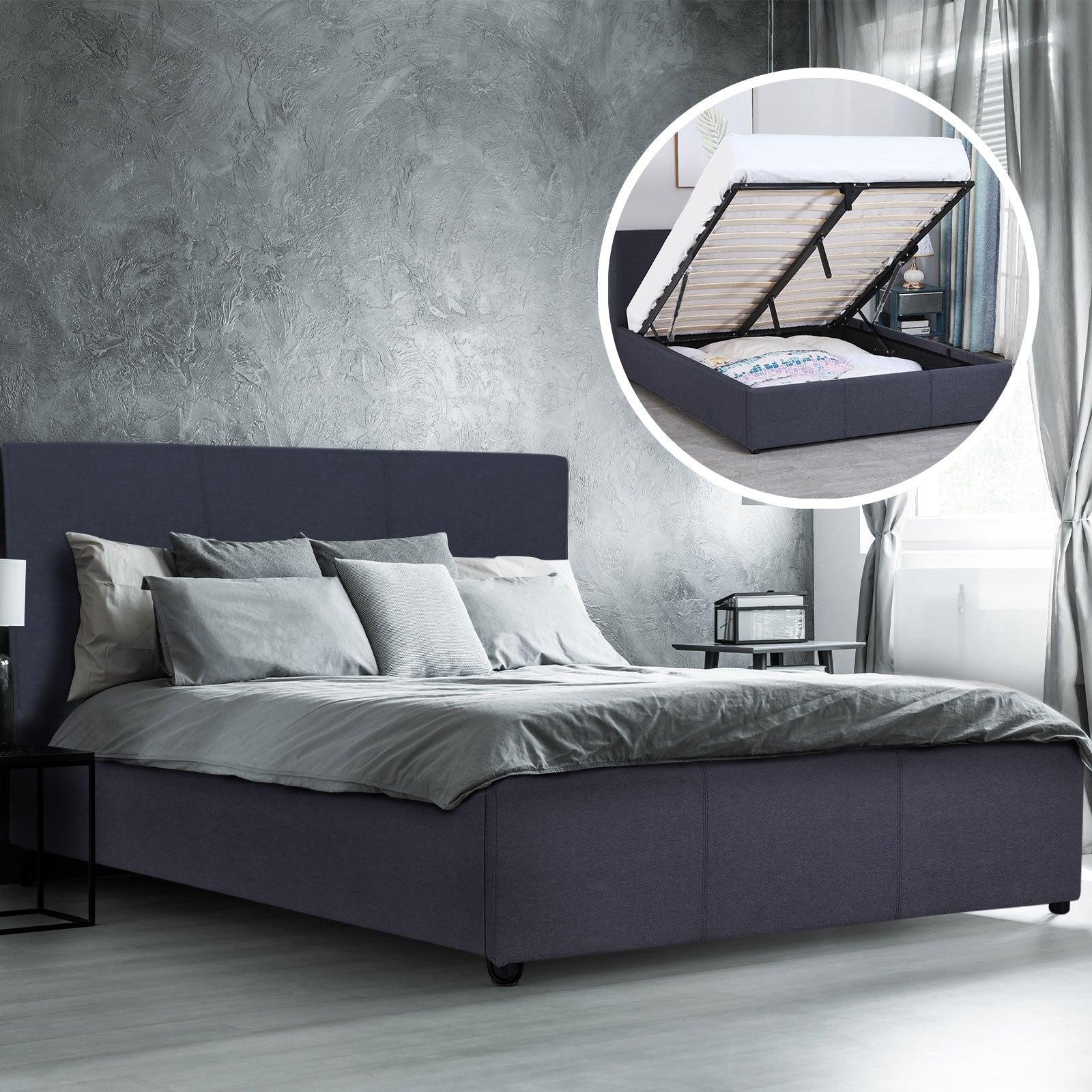 Milano Luxury Gas Lift Bed Frame Base And Headboard With Storage All Sizes Charcoal Queen Deals499