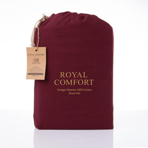 Royal Comfort Vintage Washed 100% Cotton Sheet Set Fitted Flat Sheet Pillowcases Double Mulled Wine Deals499