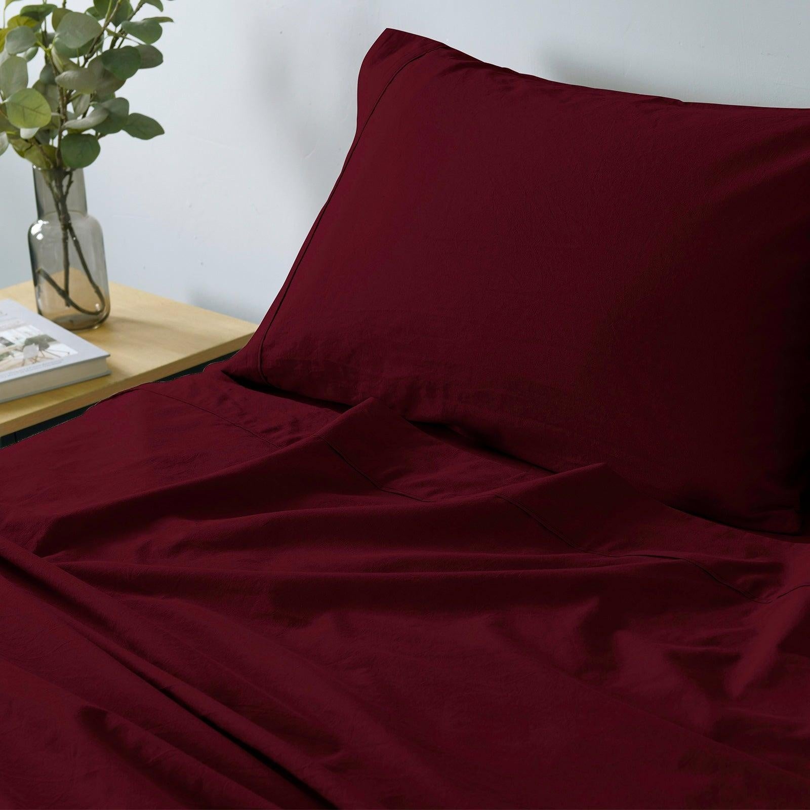 Royal Comfort Vintage Washed 100% Cotton Sheet Set Fitted Flat Sheet Pillowcases Double Mulled Wine Deals499