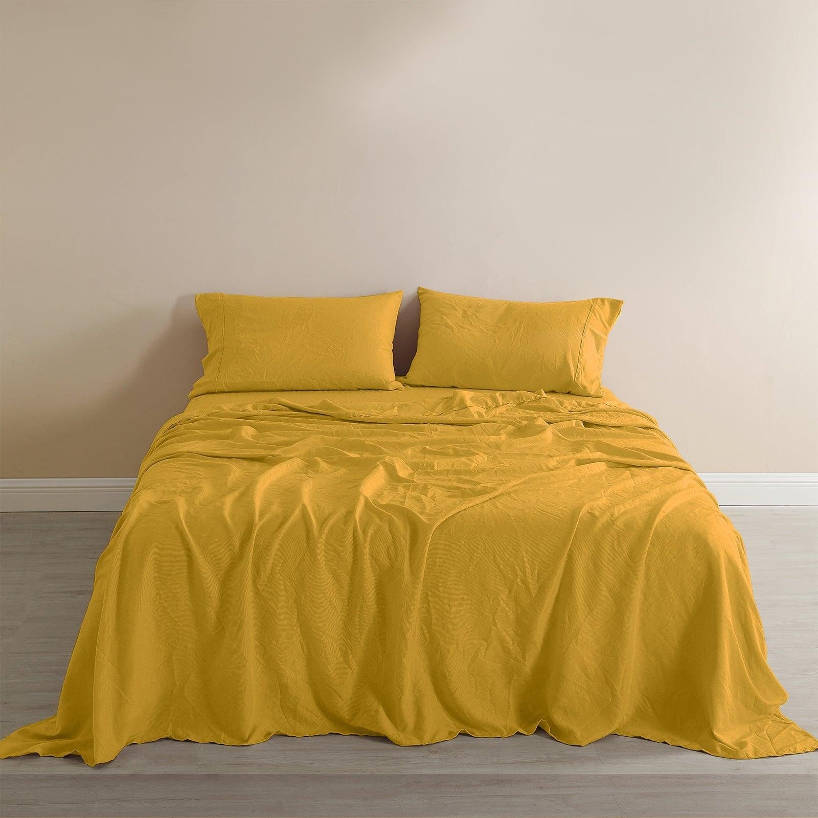 Royal Comfort Flax Linen Blend Sheet Set Bedding Luxury Breathable Ultra Soft Mustard Gold Queen Deals499
