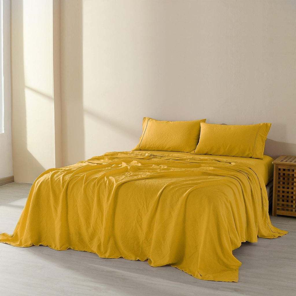 Royal Comfort Flax Linen Blend Sheet Set Bedding Luxury Breathable Ultra Soft Mustard Gold King Deals499