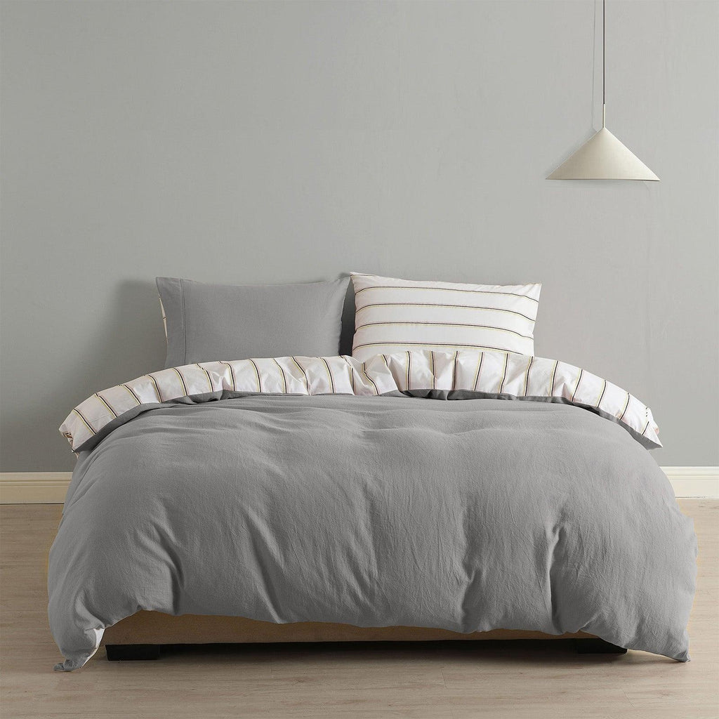 Royal Comfort Hemp Braid Cotton Blend Quilt Cover Set Reverse Stripe Bedding Light Grey Queen Deals499
