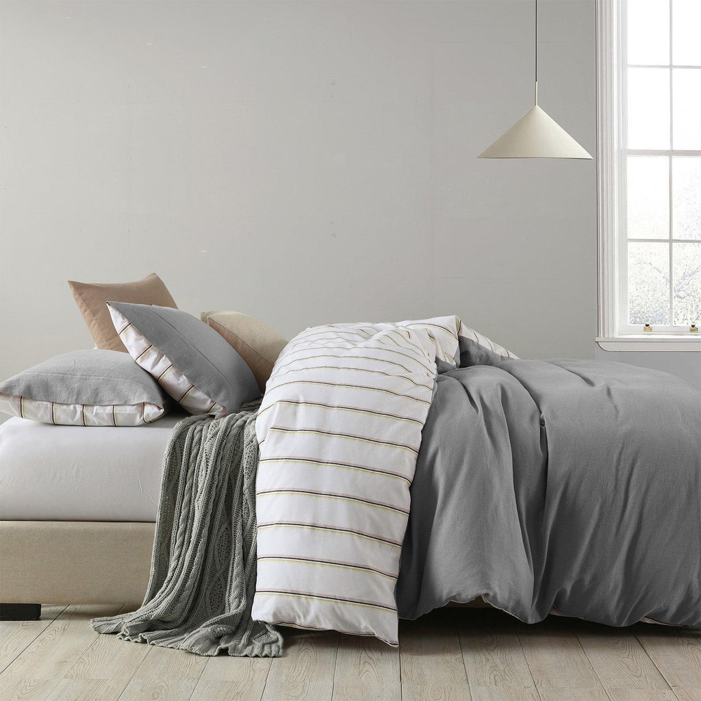 Royal Comfort Hemp Braid Cotton Blend Quilt Cover Set Reverse Stripe Bedding Light Grey Queen Deals499