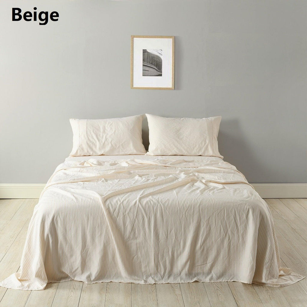 Royal Comfort Stripes Linen Blend Sheet Set Bedding Luxury Breathable Ultra Soft Beige Queen Deals499