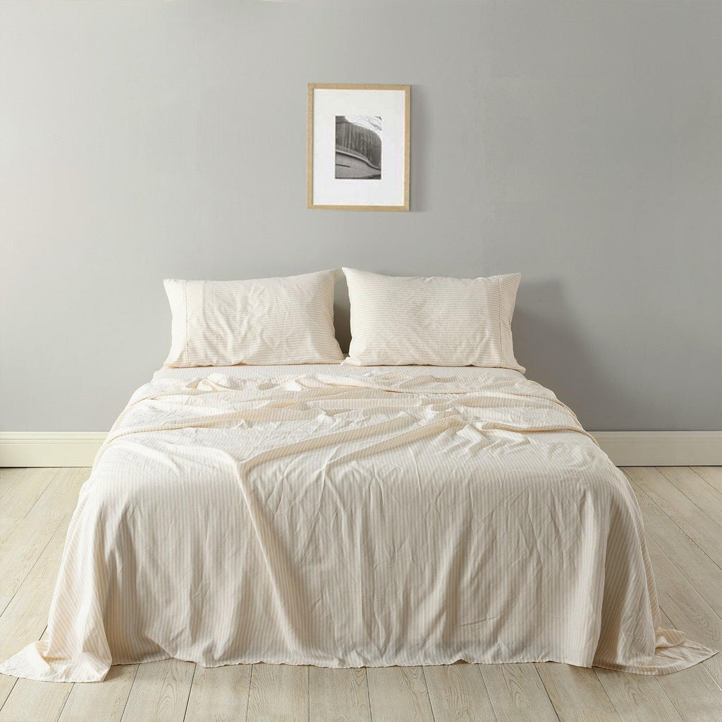 Royal Comfort Stripes Linen Blend Sheet Set Bedding Luxury Breathable Ultra Soft Beige Queen Deals499