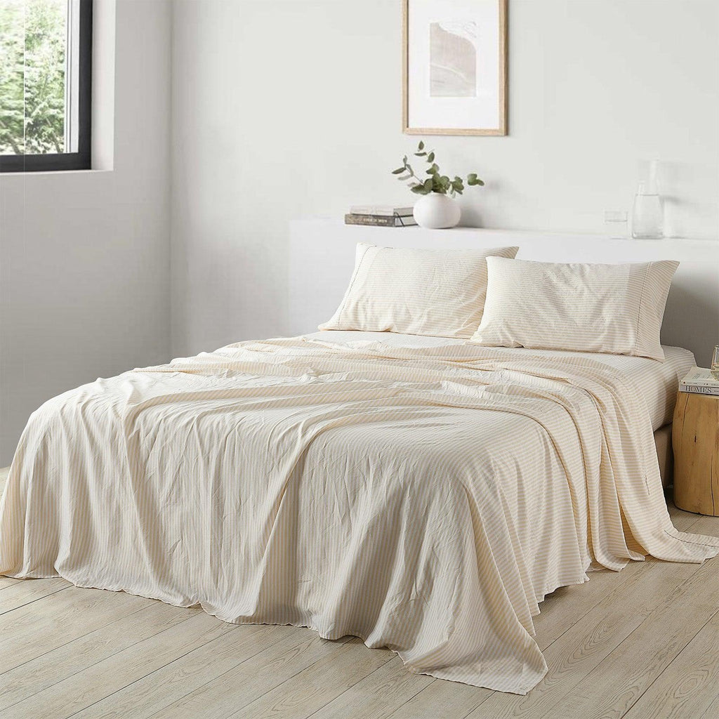 Royal Comfort Stripes Linen Blend Sheet Set Bedding Luxury Breathable Ultra Soft Beige Queen Deals499
