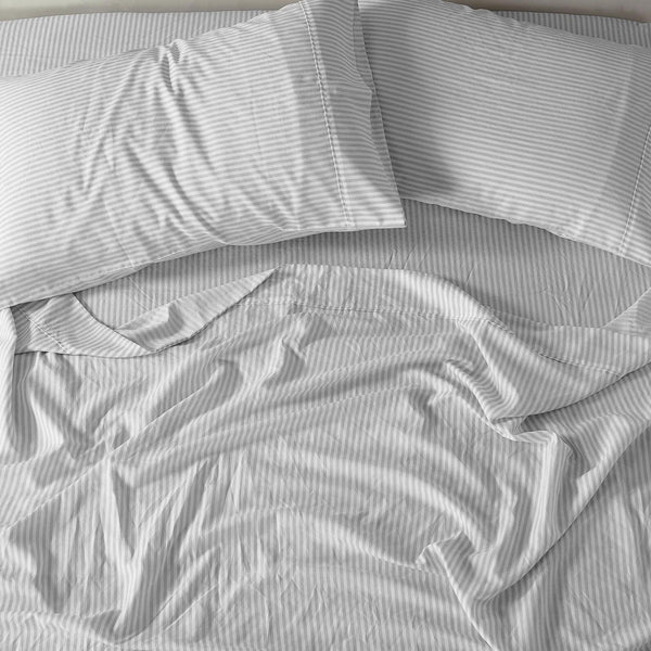 Royal Comfort Stripes Linen Blend Sheet Set Bedding Luxury Breathable Ultra Soft Grey Queen Deals499