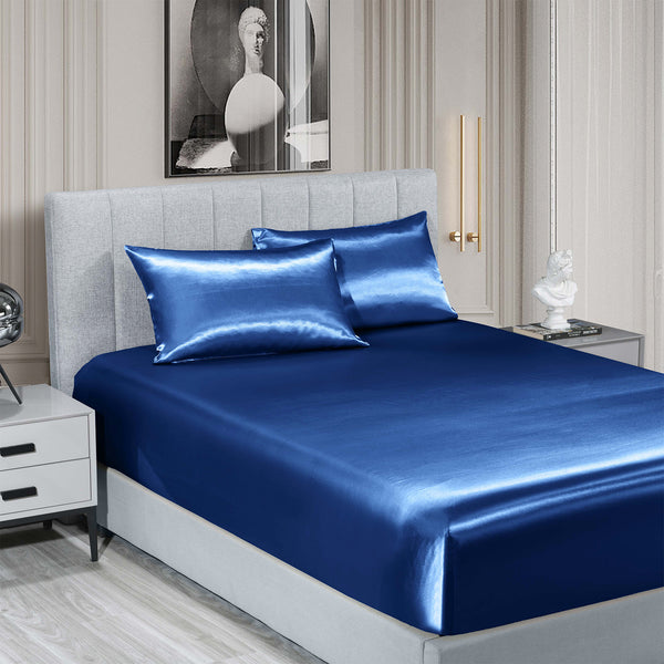 Royal Comfort Satin Sheet Set 3 Piece Fitted Sheet Pillowcase Soft  - King - Navy Blue Deals499