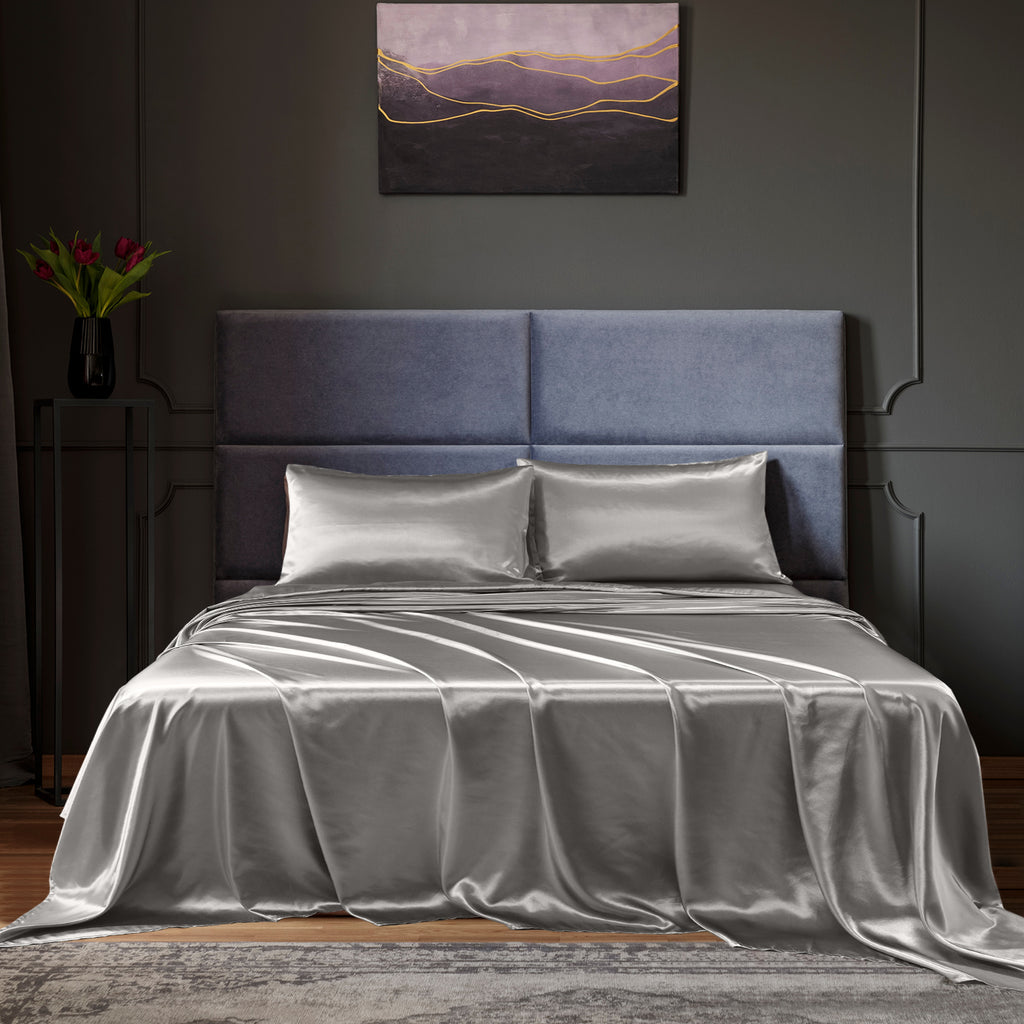 Royal Comfort Satin Sheet Set 4 Piece Fitted Flat Sheet Pillowcases  - Queen - Charcoal Deals499