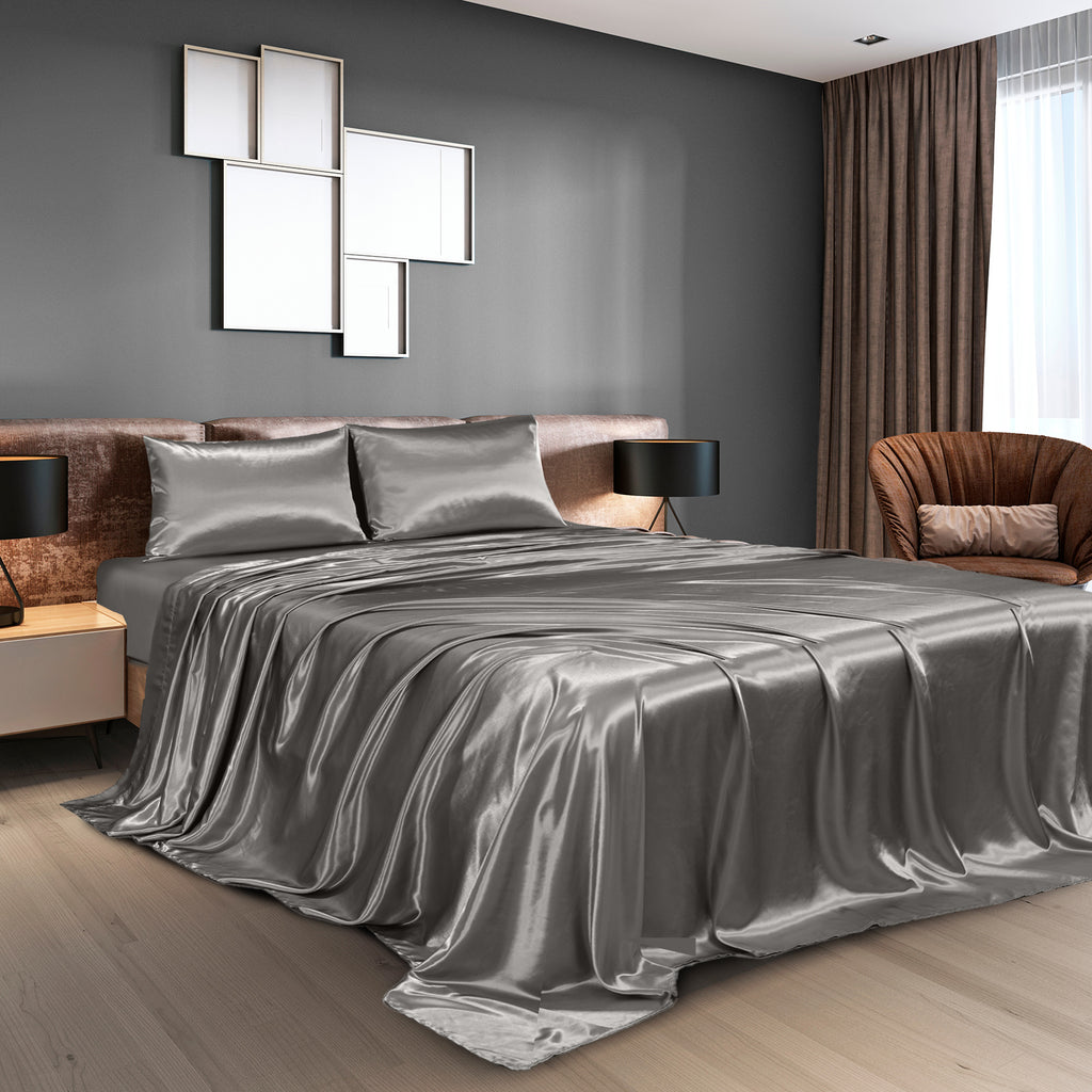 Royal Comfort Satin Sheet Set 4 Piece Fitted Flat Sheet Pillowcases  - Queen - Charcoal Deals499