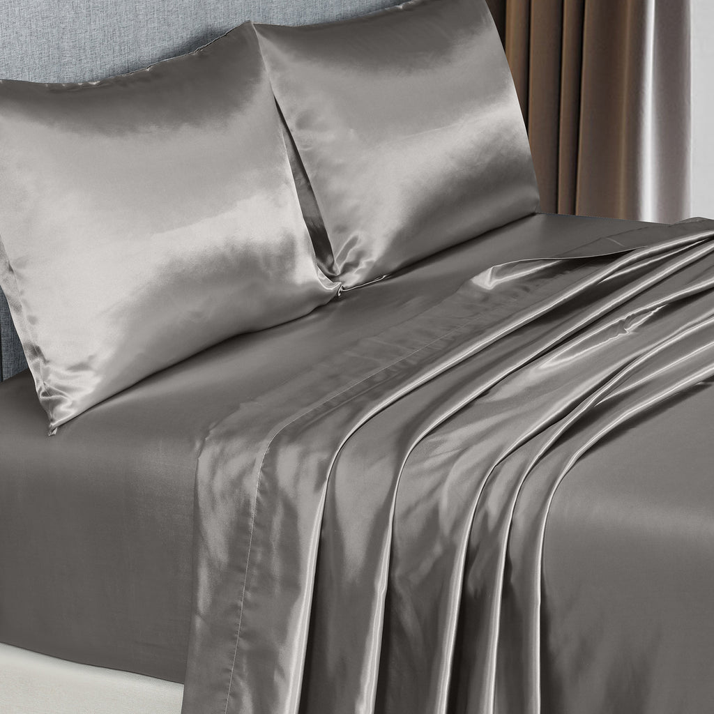 Royal Comfort Satin Sheet Set 4 Piece Fitted Flat Sheet Pillowcases  - Queen - Charcoal Deals499