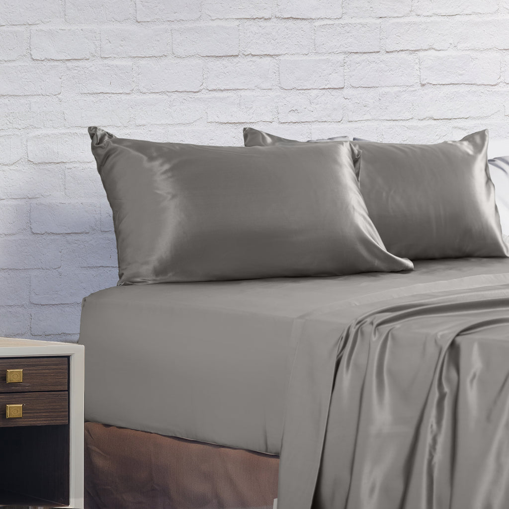 Royal Comfort Satin Sheet Set 4 Piece Fitted Flat Sheet Pillowcases  - Queen - Charcoal Deals499