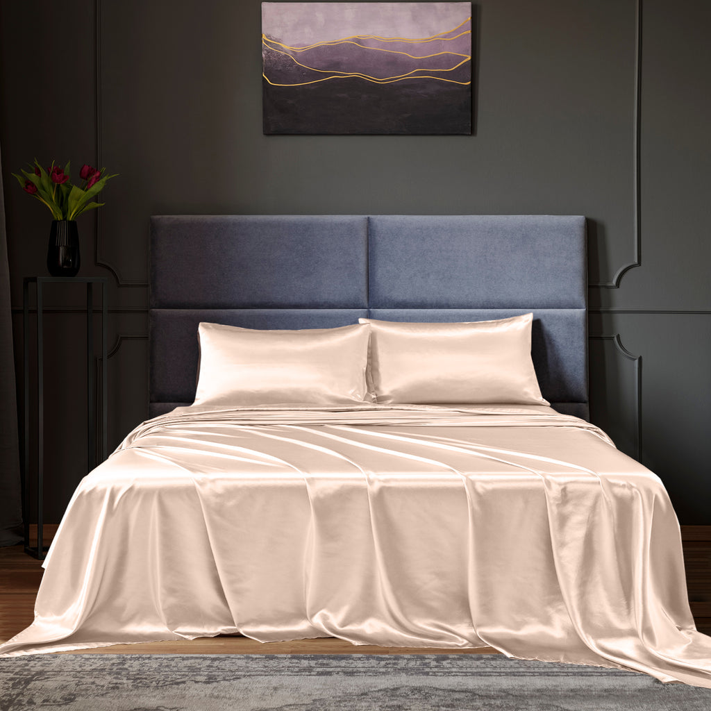 Royal Comfort Satin Sheet Set 4 Piece Fitted Flat Sheet Pillowcases  - King - Champagne Pink Deals499