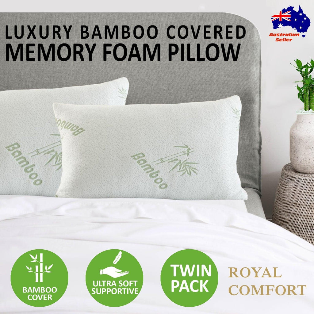 Royal Comfort Luxury Bamboo Covered Memory Foam Pillow Twin Pack Hypoallergenic 56 x 36 x 10 cm White, Green Deals499