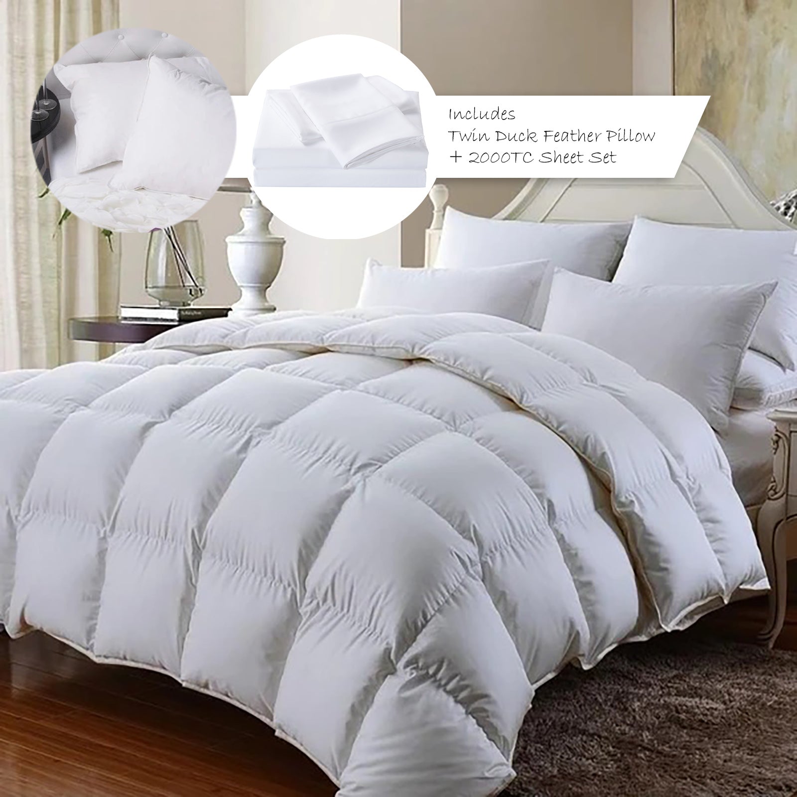 Royal Comfort 350GSM Bamboo Quilt, 2000TC Sheet Set And 2 Pack Duck Pillows Set Single White Deals499