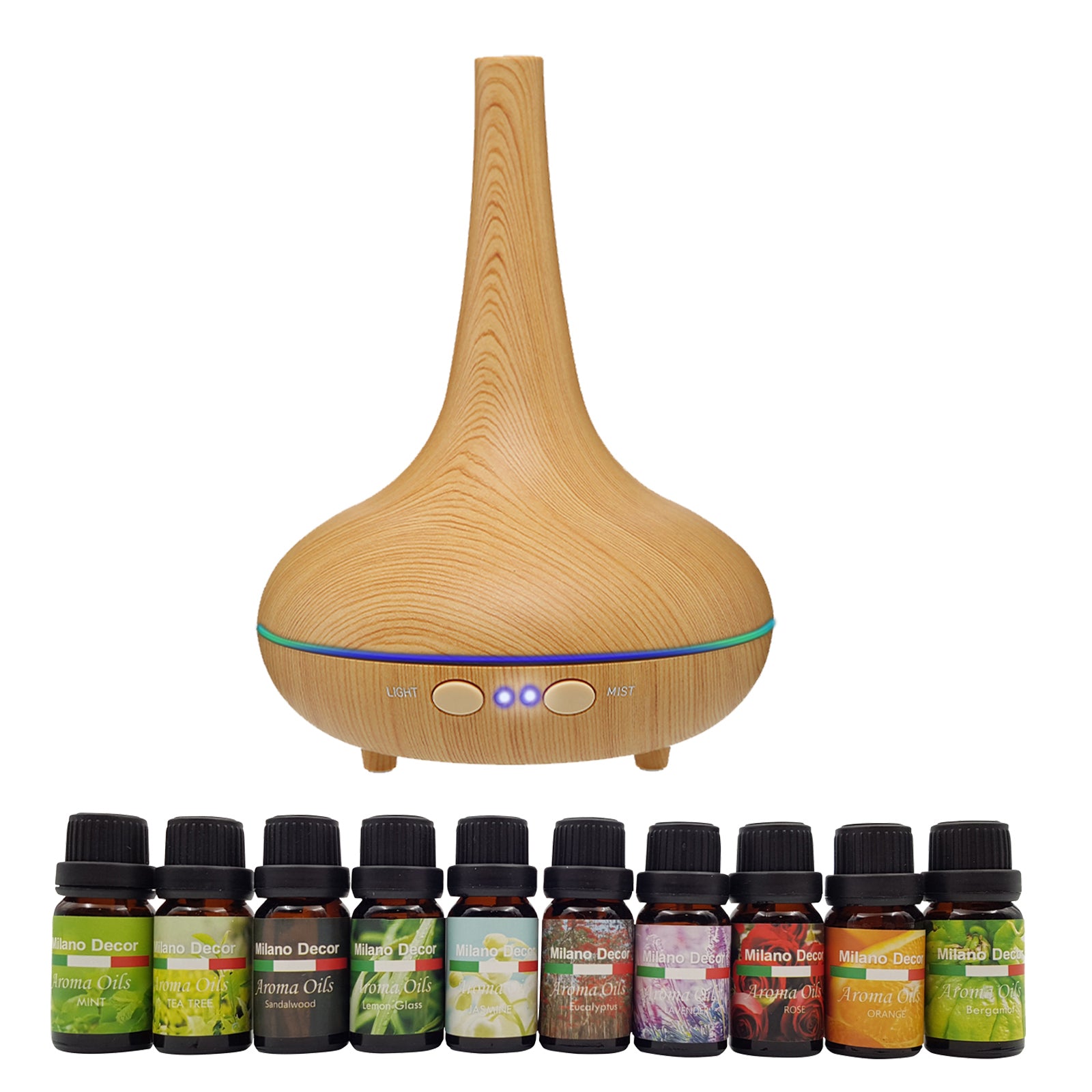 Milano Aroma Diffuser Set With 10 Pack Diffuser Oils Humidifier Aromatherapy - Light Wood Deals499