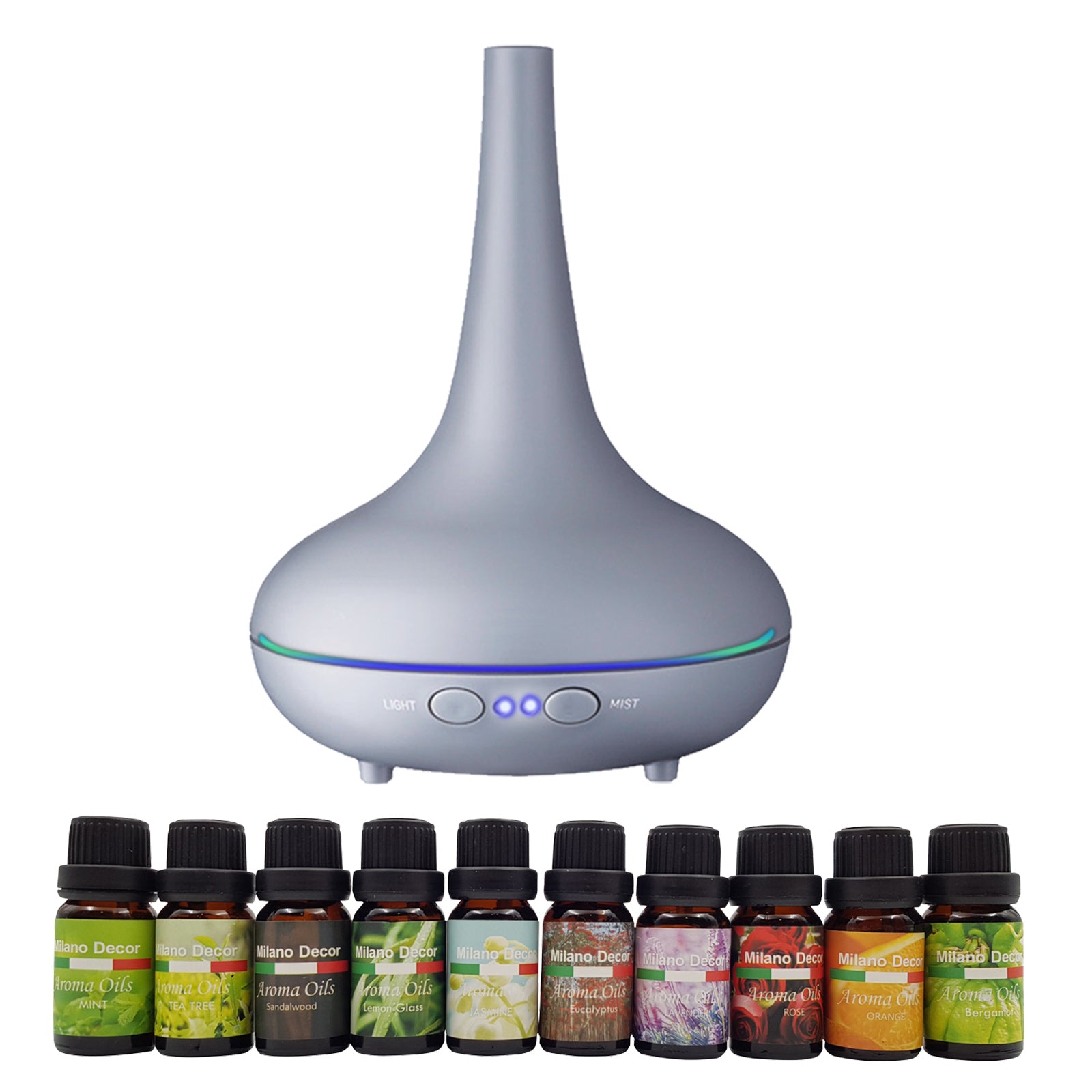 Milano Aroma Diffuser Set With 10 Pack Diffuser Oils Humidifier Aromatherapy - Matt Grey Deals499
