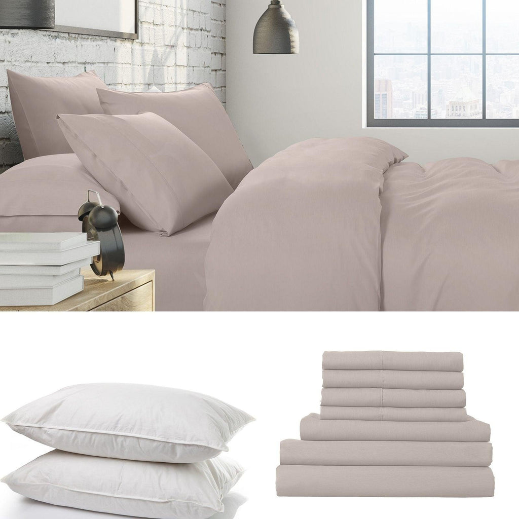 1500 Thread Count 6 Piece Combo And 2 Pack Duck Feather Down Pillows Bedding Set Stone Queen Deals499