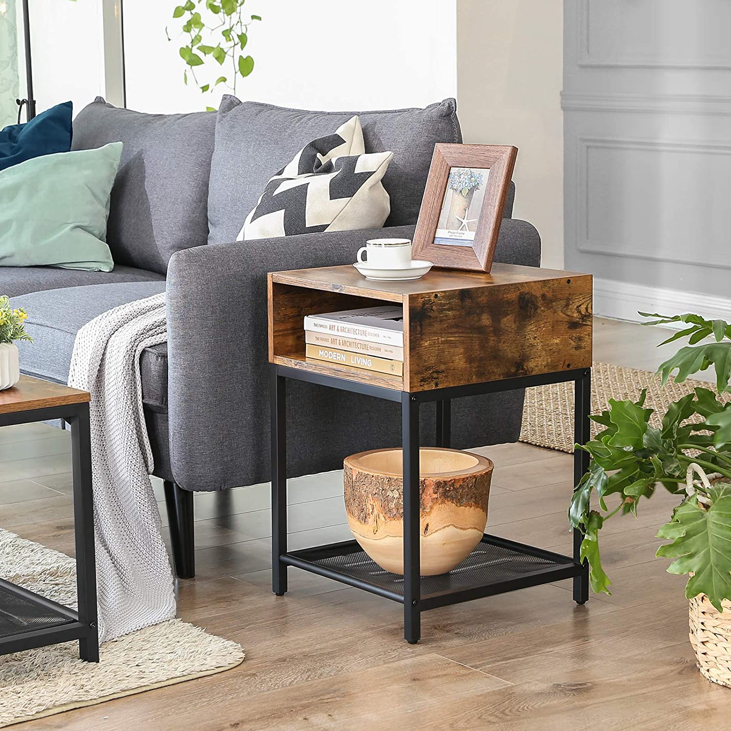 Side Table with Open Compartment and Mesh Shelf Rustic Brown and Black Deals499