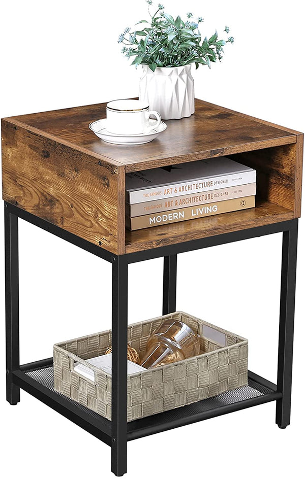 Side Table with Open Compartment and Mesh Shelf Rustic Brown and Black Deals499