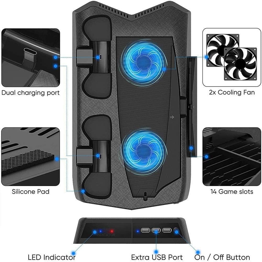 Vertical Stand Cooling/Charging Station for PS5 with Dual Controller Charger and Bonus Game Rack Storage 3 USB Ports Deals499