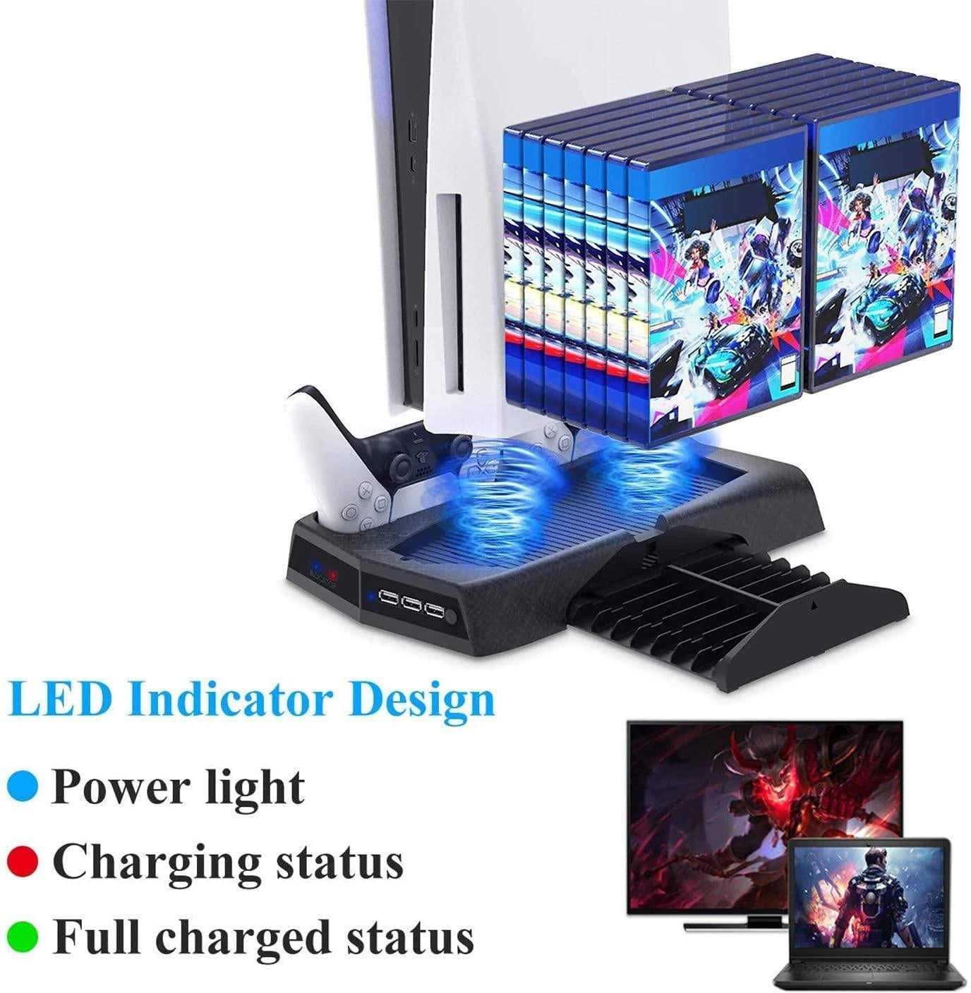 Vertical Stand Cooling/Charging Station for PS5 with Dual Controller Charger and Bonus Game Rack Storage 3 USB Ports Deals499