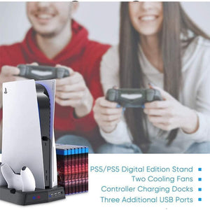 Vertical Stand Cooling/Charging Station for PS5 with Dual Controller Charger and Bonus Game Rack Storage 3 USB Ports Deals499