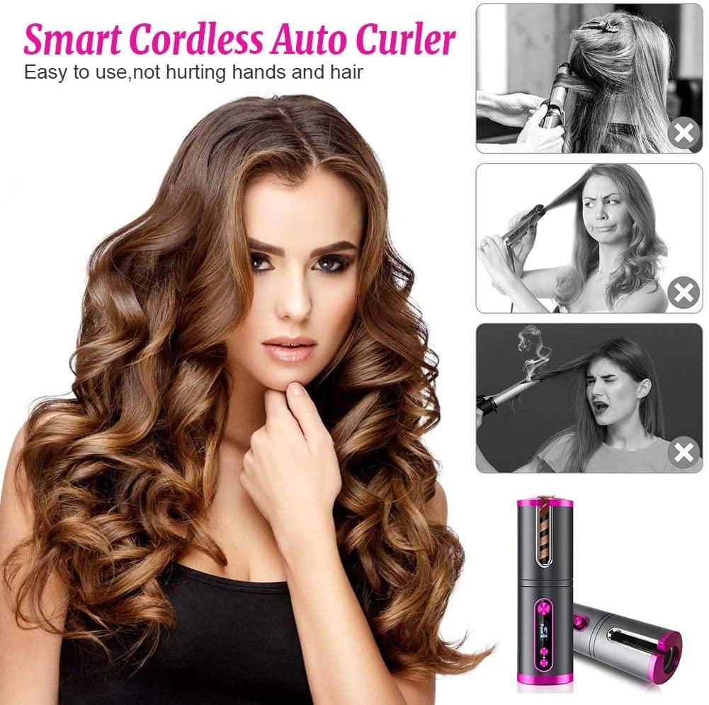 Portable Wireless Automatic Hair Curler for Travel with LED Temperature Display, Timer and USB Rechargeable (Pink) Deals499