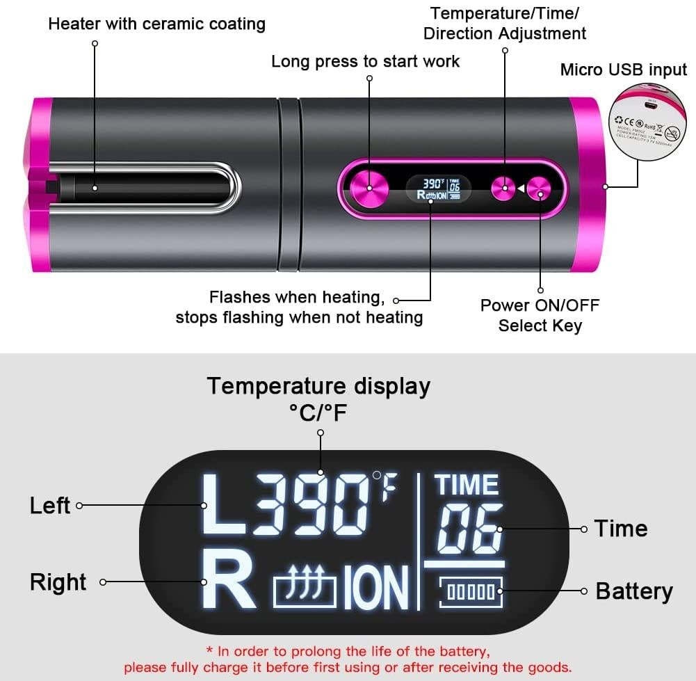 Portable Wireless Automatic Hair Curler for Travel with LED Temperature Display, Timer and USB Rechargeable (Pink) Deals499