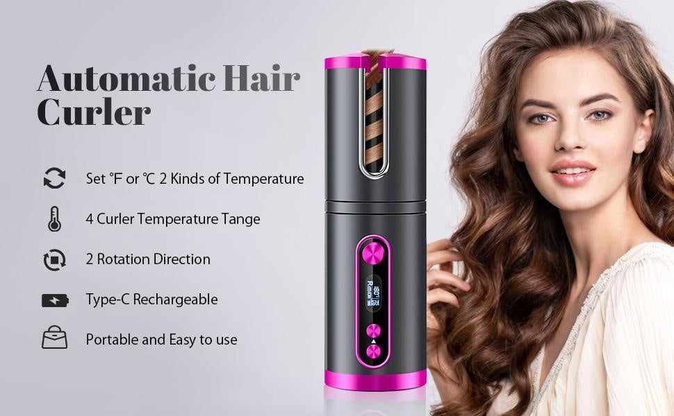 Portable Wireless Automatic Hair Curler for Travel with LED Temperature Display, Timer and USB Rechargeable (Pink) Deals499