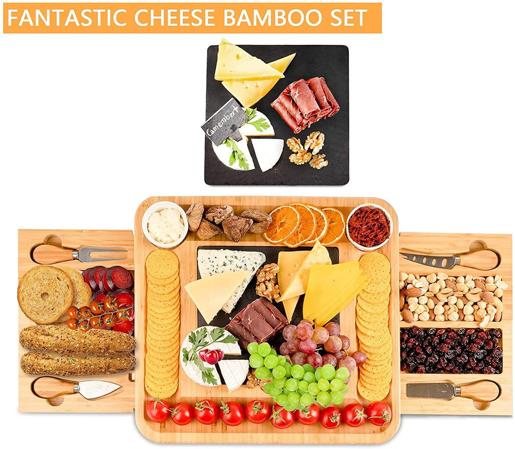 Bamboo Cheese Board Set with Knife Set with 4 Stainless Steel Knife & Thick Wooden tray for Wine Crackers, Brie and Meat Deals499
