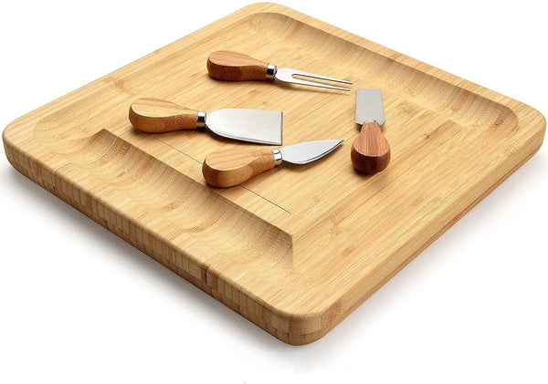 Bamboo Cheese Board Set with Cutlery in Slide-Out Drawer Including 4 Stainless Steel Serving Utensils Deals499