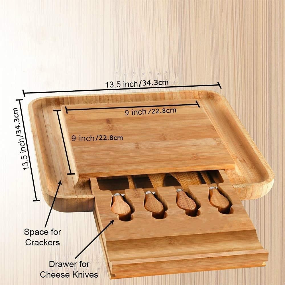 Bamboo Cheese Board Set with Cutlery in Slide-Out Drawer Including 4 Stainless Steel Serving Utensils Deals499