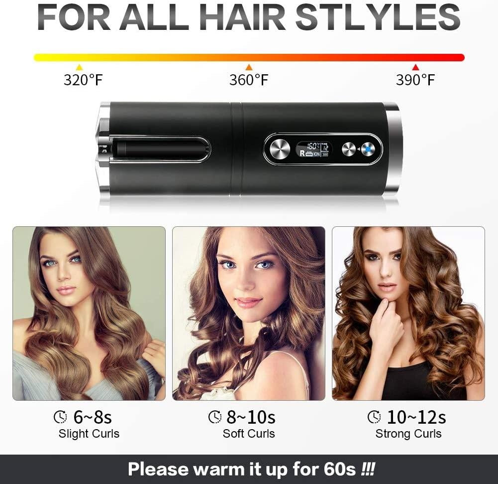 Portable Wireless Automatic Hair Curler for Travel with LED Temperature Display, Timer and USB Rechargeable (Black) Deals499