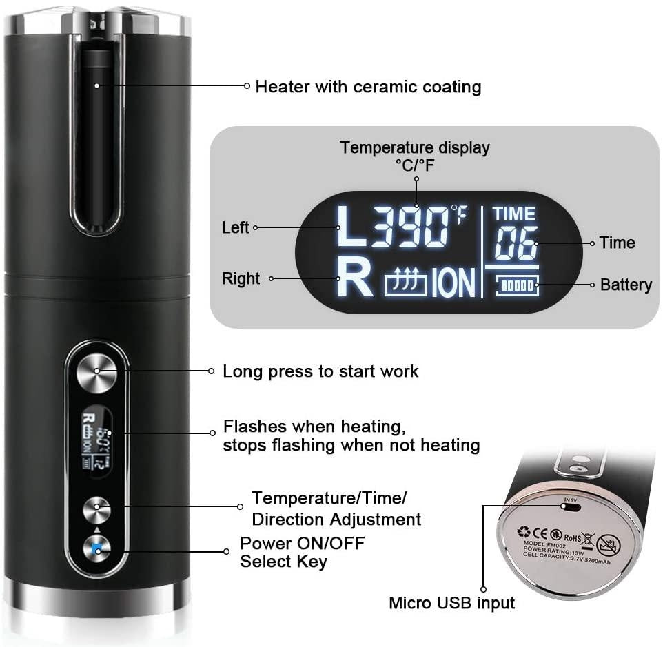 Portable Wireless Automatic Hair Curler for Travel with LED Temperature Display, Timer and USB Rechargeable (Black) Deals499