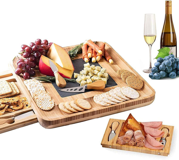 Bamboo Cheese Board and Knife Set with Cutlery including Slate Rock Tray, 4 Stainless Steel Knife & Thick Wooden tray Deals499