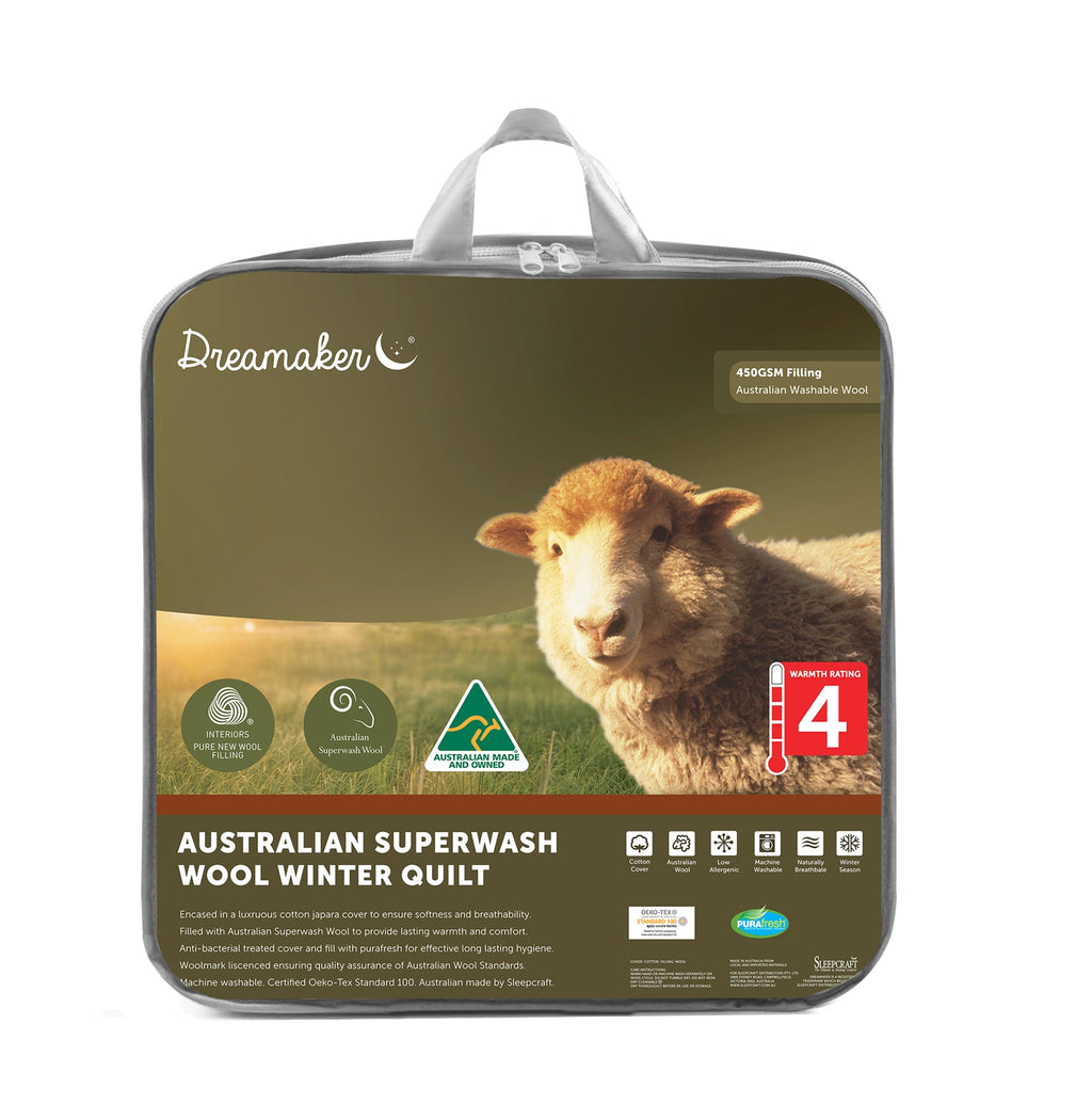 Dreamaker Australian Superwash Wool Winter Weight Quilt 450Gsm Queen Bed Deals499