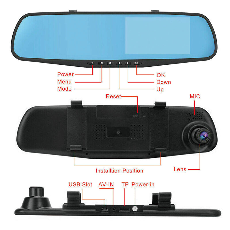 1080P Rear View Reversing Mirror 4.3'' Front And Rear DVR Car Dash Camera Dual Lens Deals499