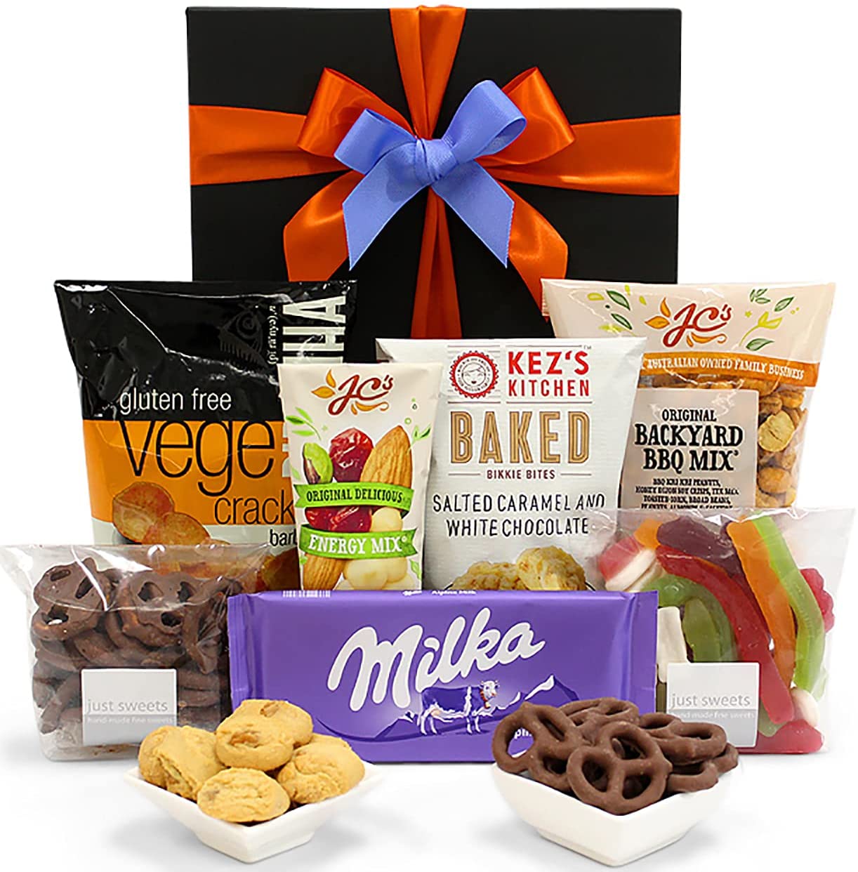 Snack Lover Gift Hamper with Vege Crackers, Choc Pretzels, White Choc Bites, Nut Mix and Snakes - Sweet & Savoury Hamper for Birthdays, Christmas, Easter, Weddings, Anniversaries, Office Parties Deals499