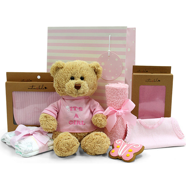 Newborn Baby Girl Gift with Plush Teddy 'It's a Girl!' 28cm, 100% Cotton Muslin Wrap, Cute Handmade Pink Gingerbread Butterfly Cookie, Newborn Nappies, Cotton Baby Bib, Face Washer & Singlet Deals499